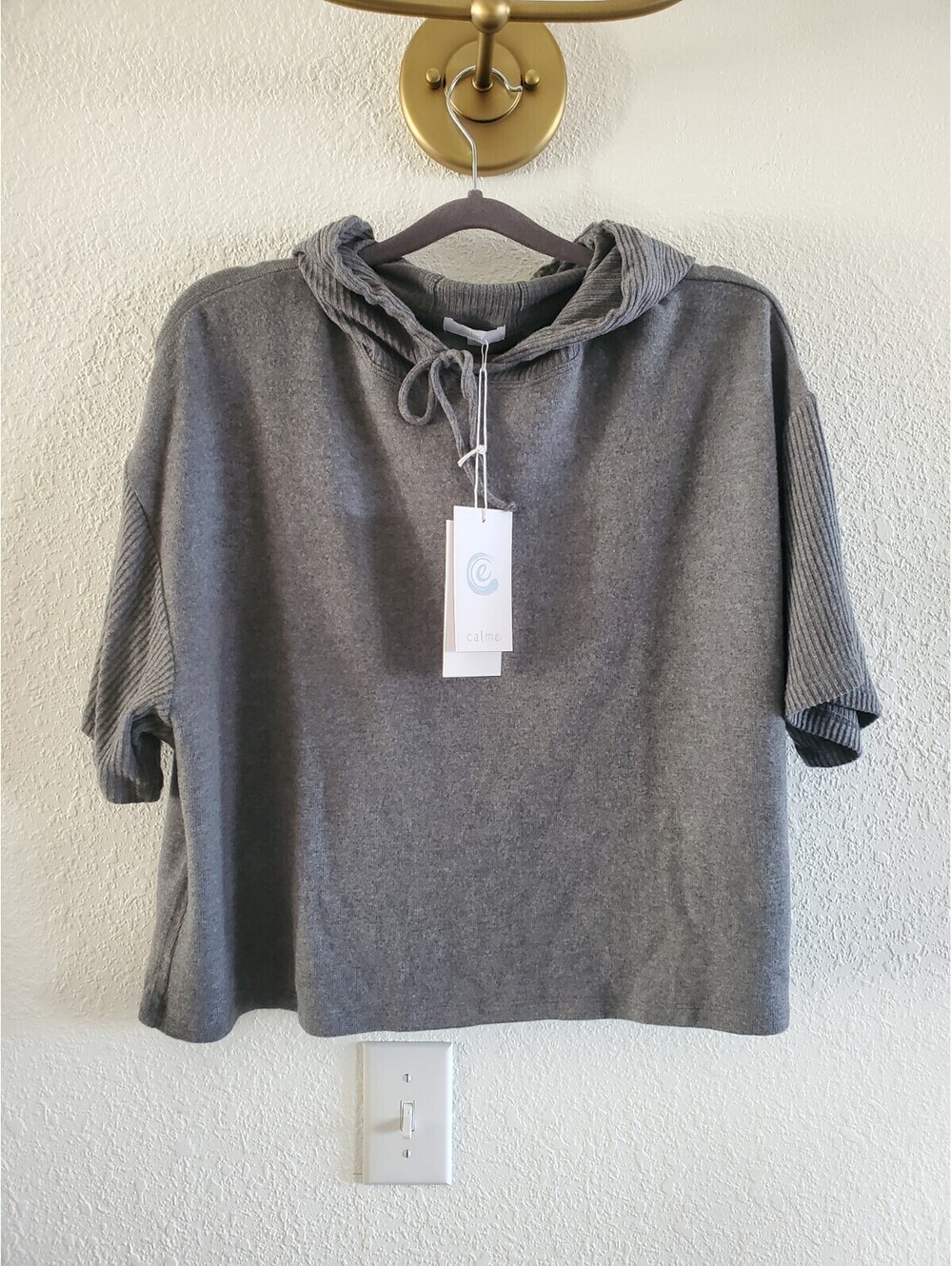 Calme Womens Casual Cozy Top Tee Cropped Short Sleeve Stretch Ribbed Hooded XXL